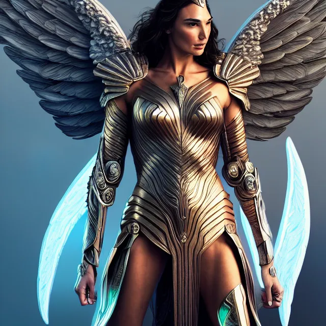 Prompt: beautiful angel warrior queen gal gadot in futuristic seraphim angelic intricate body sculpted cosmic armor and flowey ornate robes, highly detailed, 8 k, hdr, award - winning, trending on artstation, ann stokes