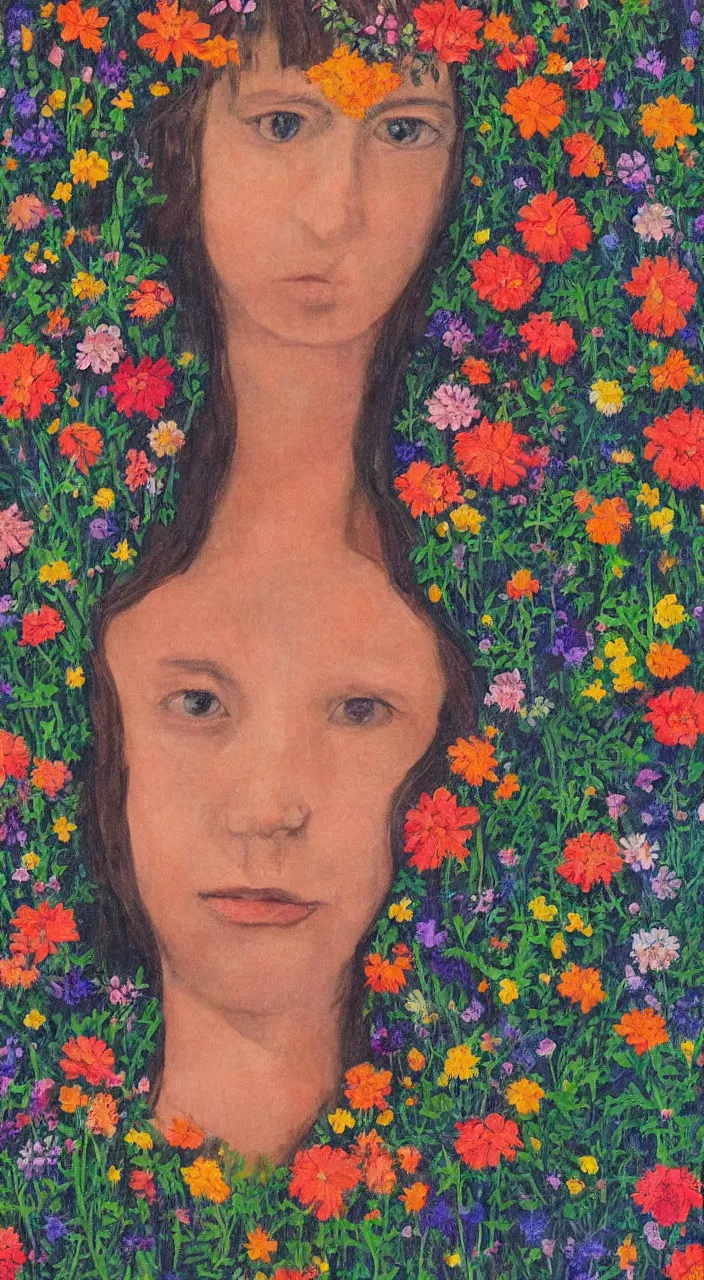 Prompt: a symmetric portrait of an antrounded by flowers, by well renowned world artist