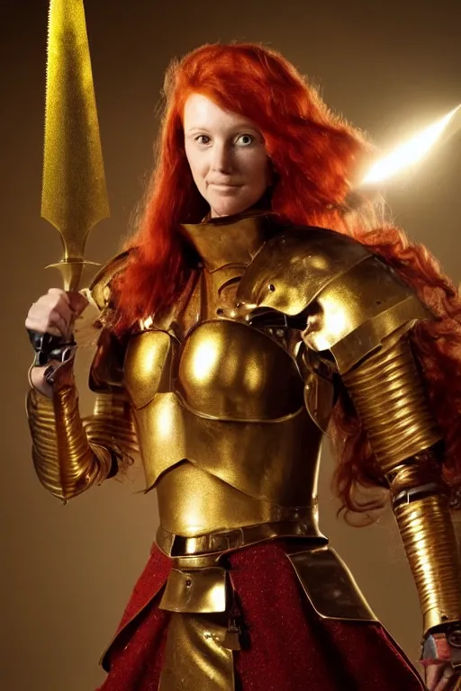 Prompt: a tall, red - haired female knight wearing golden armor and a right golden prosthetic arm, she wields a long golden blade