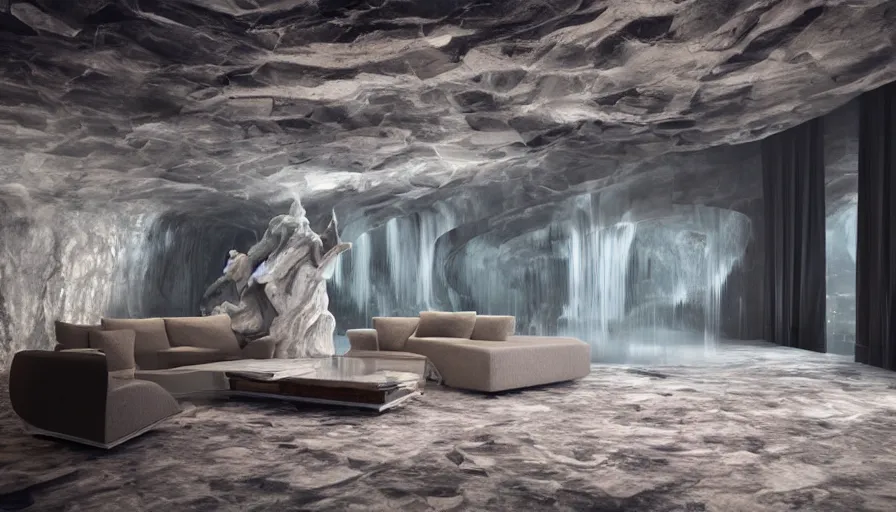 Prompt: a futuristic apartment interior in the style of a waterfall cave, tiger skin carpet, greek marble statue, high ceiling, dark moody lighting, foggy atmosphere, 16mm lens, by frank lloyd wright, octane rendering