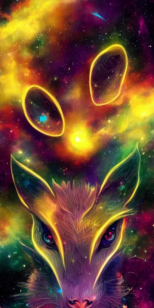 Image similar to geometric symmetrical jolteon with galaxy eyes in space, nebula in the background, intricate, elegant, highly detailed, digital painting, artstation, concept art, smooth, sharp focus, illustration, art by artgerm