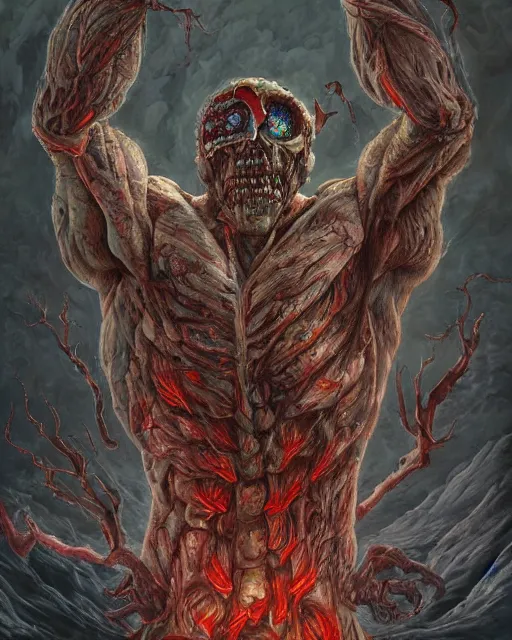 Image similar to Haunting horrifying detailed painting of a huge muscular hulking extraterrestrial flower monster made of bone and spinal cord, and bloodshot eyeballs, hyper detailed, trending on Artstation