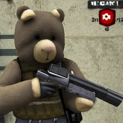 Prompt: a screenshot of a teddy bear inside a counter strike game, the teddy bear is holding a gun