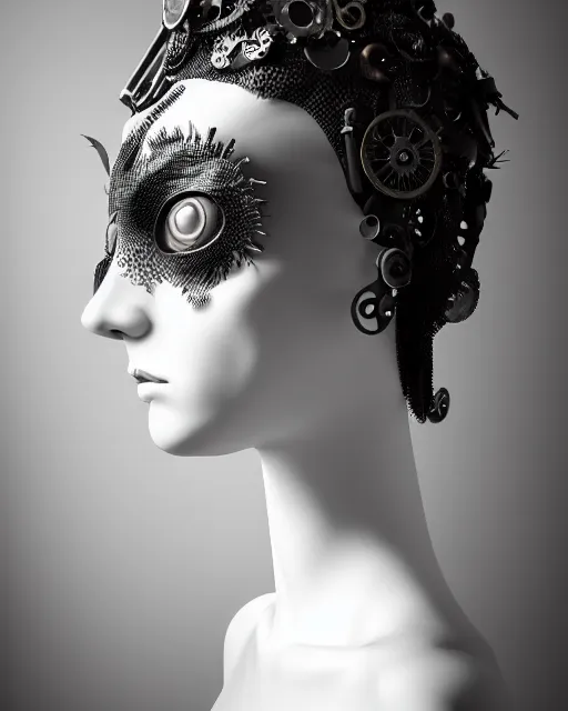 Prompt: black and white dreamy foggy smoky profile face portrait, one silver steampunk realistic eye biomechanical beautiful young female cyclope - cyborg - robot bust, body ribs meshes,, volumetric light, hibiscus flowers, by man ray, rim light, big gothic fashion pearl embroidered collar, 8 k