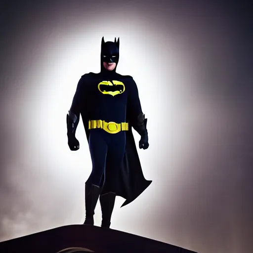 Prompt: Adam West as Batman 2022, 105mm, Canon, f/4, ISO 800, 1/200s, 8K, RAW, symmetrical balance, Dolby Vision