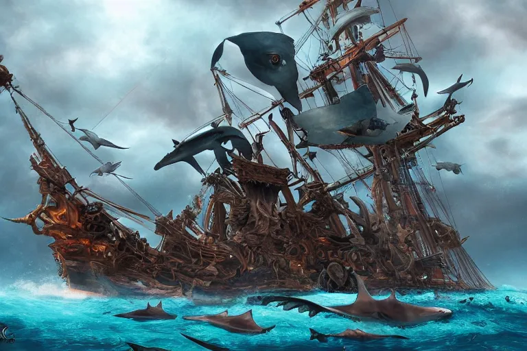 Image similar to elaborate pirate ship surrounded by sharks, low angle, digital painting, mixed media, trending on artstation and deviantart, epic composition, highly detailed, 8 k