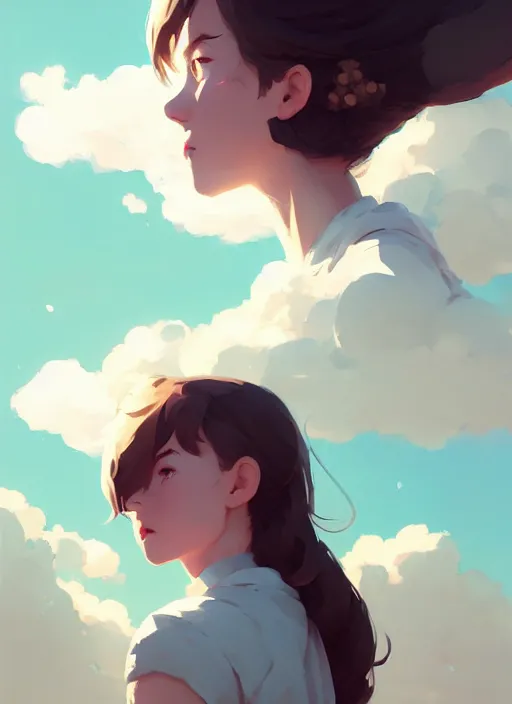 Image similar to portrait of cute maiden girl, cloud sky background, by atey ghailan, by greg rutkowski, by greg tocchini, by james gilleard, by joe gb fenton, by kaethe butcher, dynamic lighting, gradient light blue, brown, blonde cream and white color in scheme, grunge aesthetic