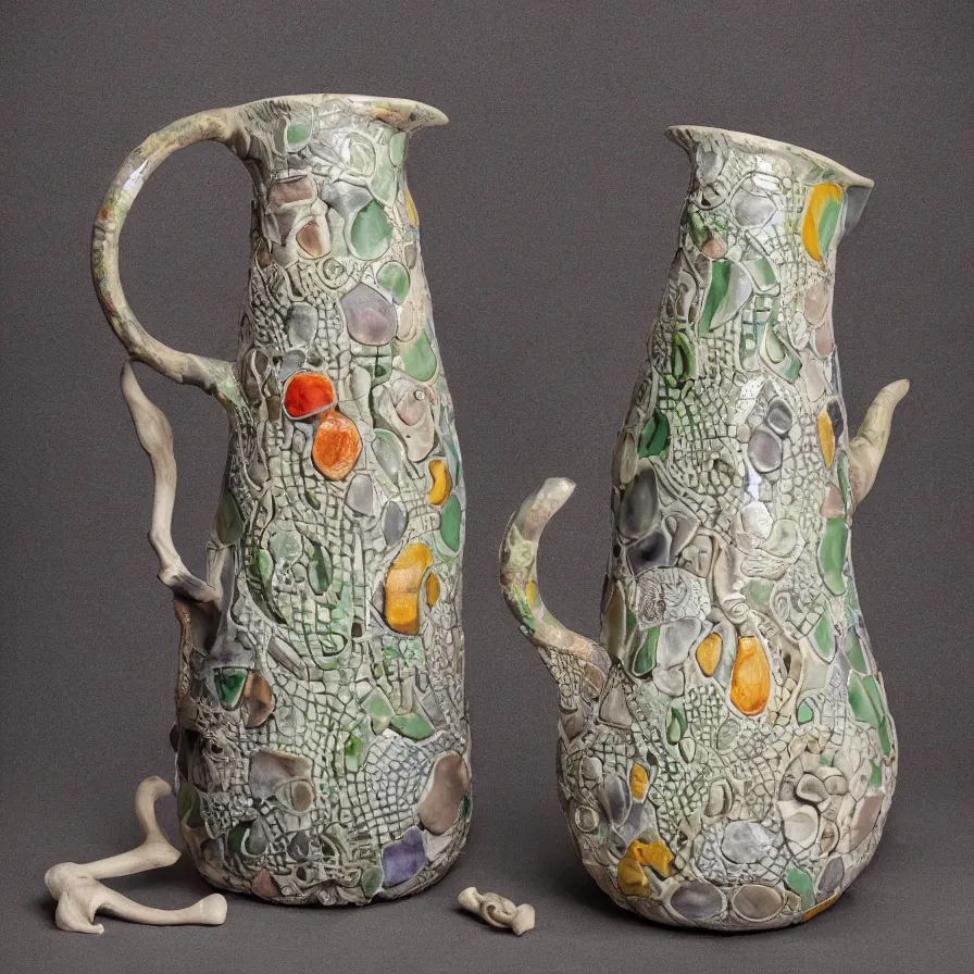 Prompt: Studio Photograph of Beautiful Handmade Ceramic Pitcher with a bone handle intricately carved with Lizard Eyes and painted with the image of Hungry Lizards by Paul Klee By Hans Bellmer by Georges Braque and covered with horns, Crystalline glaze Bright Intense Colors shocking detail hyperrealistic trending on artstation