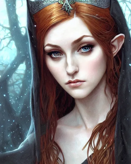 Image similar to portrait of katherine mcnamara elven mage, dark, piercing eyes, gentle expression, elegant clothing, photorealistic, highly detailed, artstation, smooth, sharp focus, art by michael whelan, artgerm, greg rutkowski and alphonse mucha