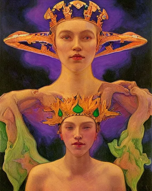 Image similar to the crown of mist and clouds, by Annie Swynnerton and Nicholas Roerich and Diego Rivera, bioluminescent skin, elaborate costume, geometric ornament, symbolist, cool colors like blue and green and violet, smooth, sharp focus, extremely detailed