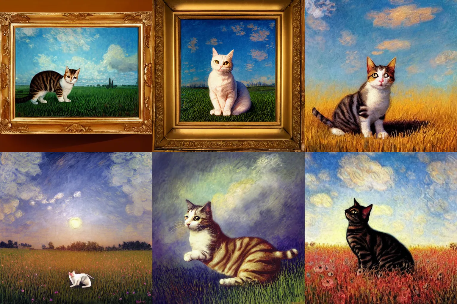 Prompt: A painting of a cat under the sky in a field, by (Leonardo da Vinci, Ross Tran, Claude Monet, Norman Rockwell), Trending on Artstation