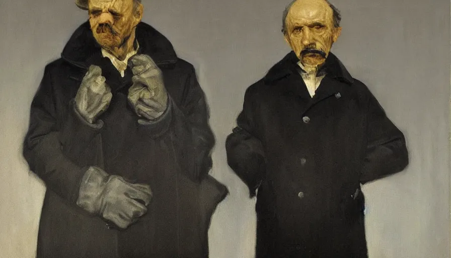 Prompt: painting by borremans, nikolai gogol in a black coat, detailed, stunning