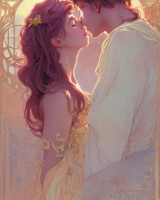 Image similar to secret romance, highly detailed, gold filigree, romantic storybook fantasy, soft cinematic lighting, award, disney concept art watercolor illustration by mandy jurgens and alphonse mucha and alena aenami, pastel color palette, featured on artstation