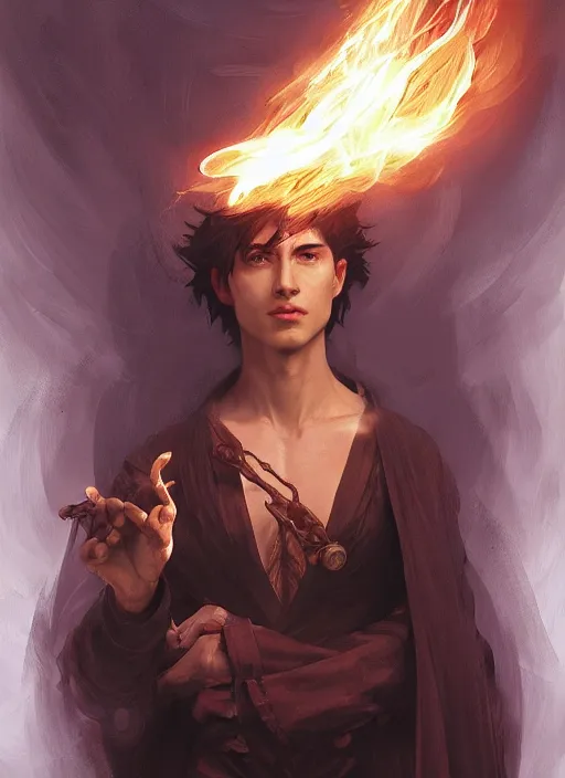 Prompt: character concept portrait of an attractive young focused Spanish wizard with pale red enchanting a flaming fire spell, a floating burning spell book in the center, intricate, elegant, digital painting, concept art, smooth, sharp focus, illustration, from Metal Gear, by Ruan Jia and Mandy Jurgens and William-Adolphe Bouguereau, Artgerm