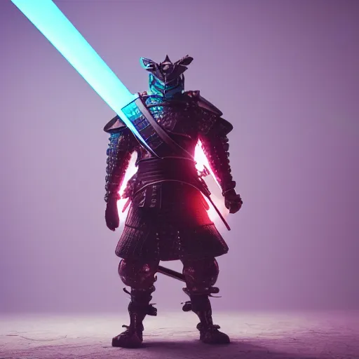 Prompt: a photo of a wide toad samurai in a futuristic armor with glowing katana sword, cyberpunk, hyper realistic, hyper detailed, volumetric lightning, grainy film, octane render, 8k, raytracing