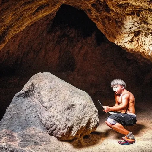 Prompt: “colur photo an homo Neanderthal watching his iPhone in front of a cave close to a fire coocking a bull, photoreal photojournalism, National Geographic style”