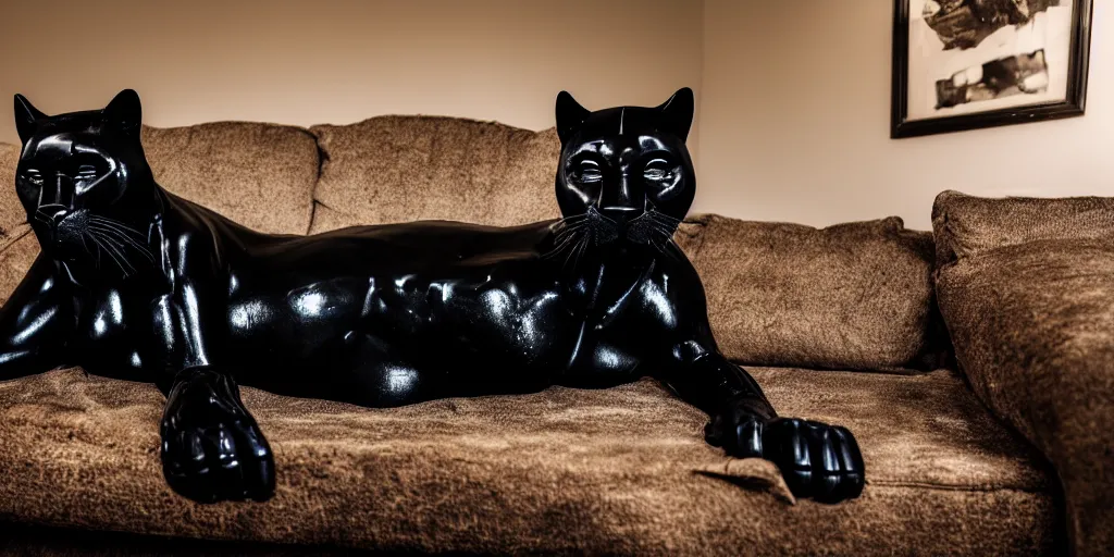 Prompt: the smooth black panther, made of smooth black goo, laying on the couch in the living room after bathing in the ferrofluid, viscous, sticky, full of tar, covered with black goo. photography, dslr, reflections, black goo