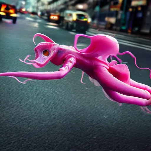 Image similar to hyper realistic, photo, humanoid pink female Squid girl, popping motorcycle wheelie on fast in the rainy city traffic