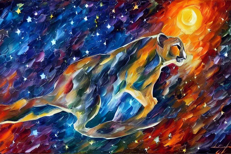 Image similar to the night sky, stars forming the shape of a cougar, desaturated colours, sky focus, night time, trending on artstation, artwork by leonid afremov