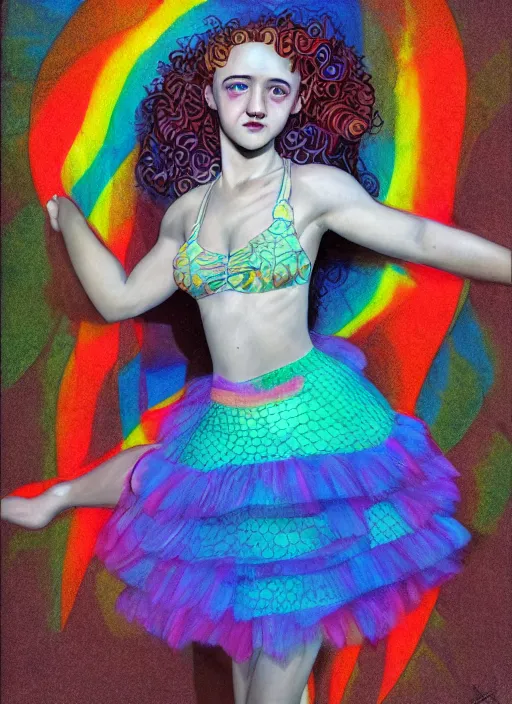 Image similar to surrealism psychedelic full body portrait sketch of julia garner as delirium of the endless in fishnet top and rainbow tutu skirt from the sandman, floating goldfish, green and blue eye heterochromia by alex ross, josh kirby, detailed, elegant, intricate