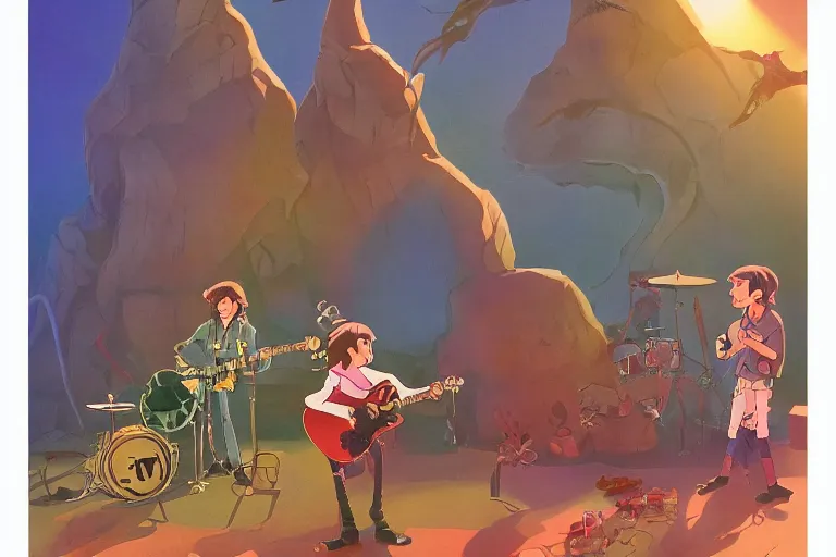 Image similar to rats playing in a rock band inspired by the beatles, beautiful, dreamlike, wholesome, ghibli and disney animation, sharp, intricated, art by ken anderson and mel shaw, bloom, dramatic lighting, brown palette,