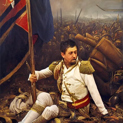 Image similar to an oil painting of Volodymyr Zelensky at war, dressed like Napoleon Bonaparte, his clothes are torn and dirty, he is sitting between corpses and weeping, holding a burnt flag of Ukraine, hyper realistic, hyper detailed, sharp focus, depth of field, High definition, 8k, by Benjamin West