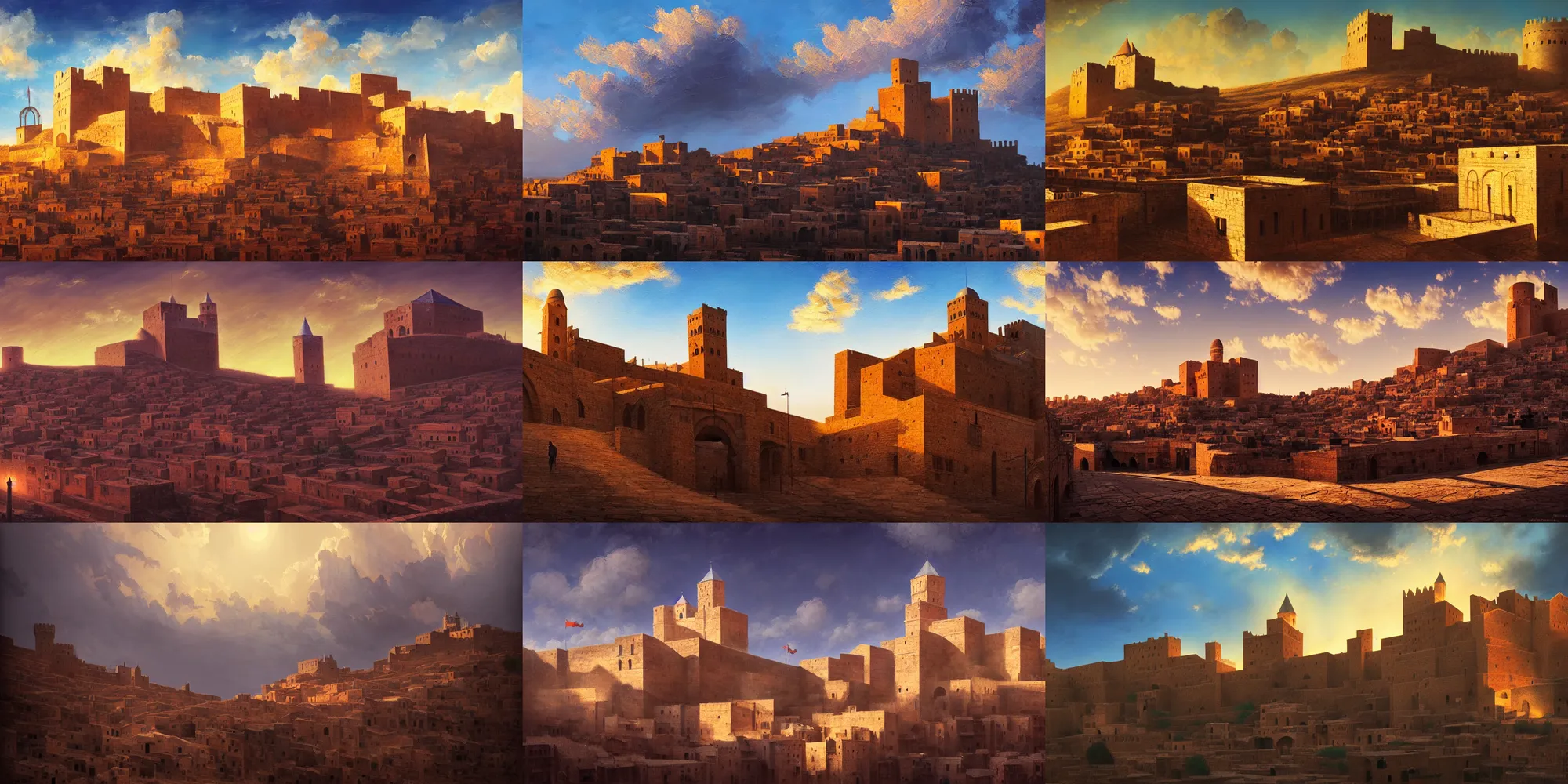 Prompt: mardin old town castle, digital oil painting, high contrast, colorful, clear sky, volumetric lighting, atmospheric, noah bradley, greg rutkowski, ghibli