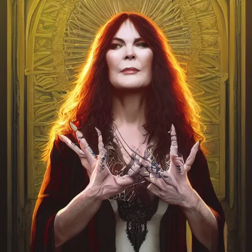 Image similar to a portrait of ann wilson of the band heart as a sorceress, urban motifs, intricate, elegant, highly detailed, digital painting, trending on artstation, concept art, smooth sharp focus, illustration, art by artgerm and greg rutkowski