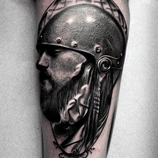 Prompt: A thracian helmet, tattoo, tattoo art, Black and grey tattoo style