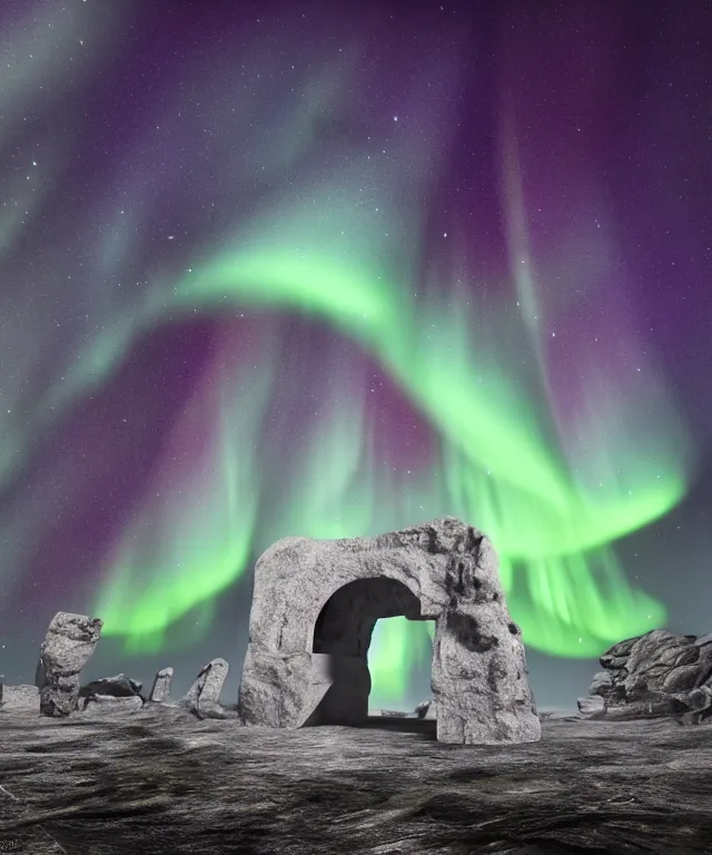 Image similar to portal to another dimension, stone archway, aurora borealis, mysticism, photorealistic, fog, symmetrical