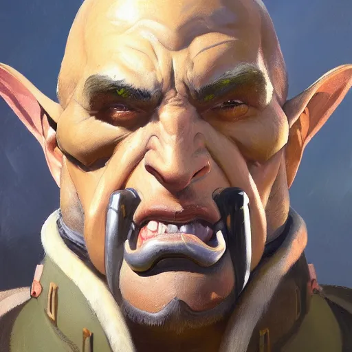 Image similar to greg manchess close - up portrait painting of a handsome older male dieselpunk orc with olive green skin as an overwatch character, medium shot, asymmetrical, profile picture, organic painting, sunny day, matte painting, bold shapes, hard edges, street art, trending on artstation, by huang guangjian and gil elvgren and sachin teng