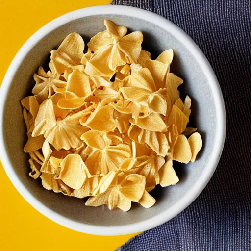 Image similar to a bowl of cornflakes in milk on a yellow table shot from above