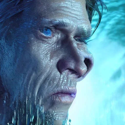 Prompt: Willem Dafoe face, Davy Jones, pirates of the caribbean, octane render, super realistic, portrait shot, under water, light particles, blue and green color