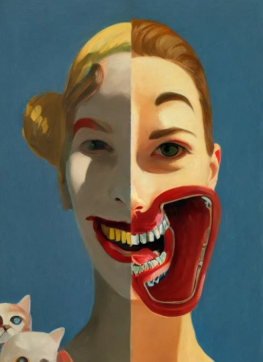 Image similar to portrait of a woman with cat face, metal teeth upsidedown by Edward Hopper and James Gilleard, highly detailed