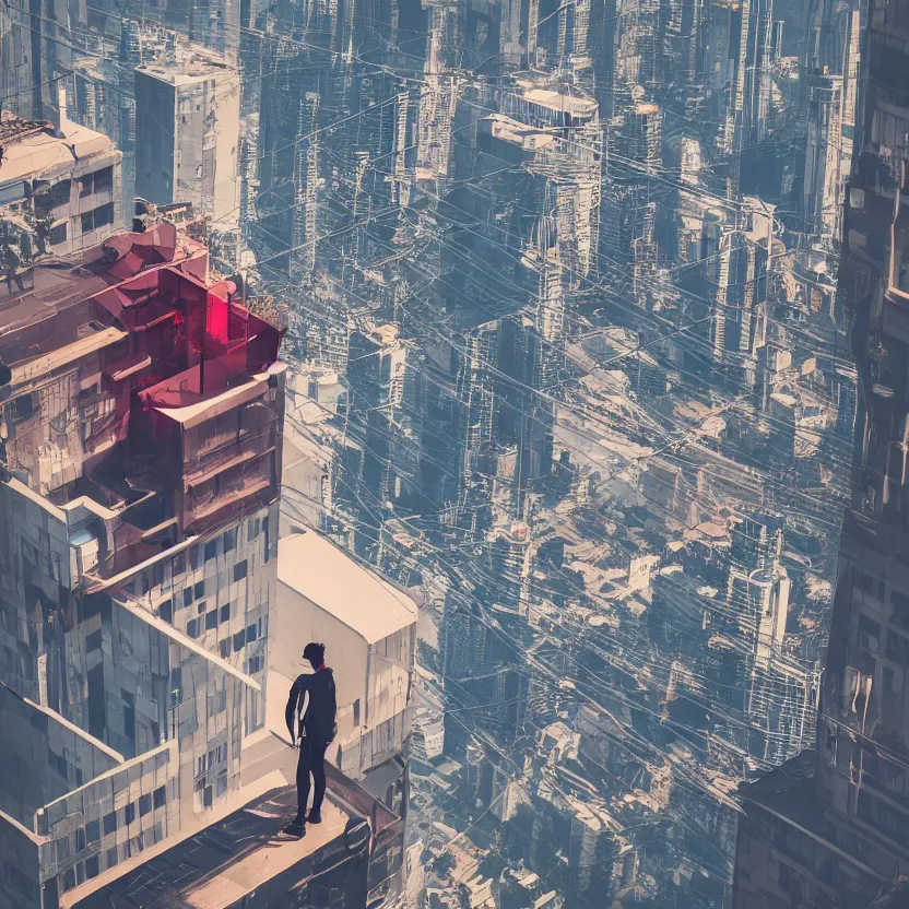 Image similar to a cyber boy ontop of a building, cyberpunk art by elsa bleda, by elsa bleda unsplash contest winner, aestheticism, dystopian art