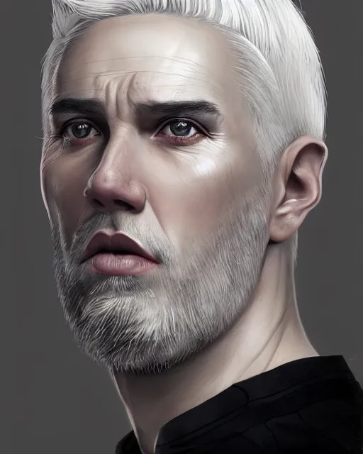 Image similar to portrait of 4 0 - year - old man with white hair with a pale complexion, pointed face and grey eyes, wearing black clothes, hyper realistic face, beautiful eyes, character art, art by artgerm lau and wlop and and ilya kuvshinov and john singer sargent, hyperdetailed, cryengine, trending on artstation, digital art