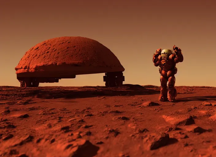 Prompt: “ doom marine, standing on martian rock, in front of mars base, space ship in background, octane render, digital art ”