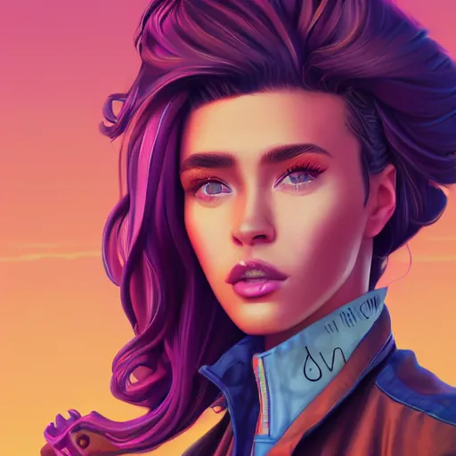 Prompt: synthwave vaporware style, an insanely detailed realistic depiction of beautiful jodi from stardew valley wearing burgundy sweater and denim jeans, auburn hair, pretty brown eyes, in the style of peter mohrbacher, artgerm, dramatic lighting and composition, octane render, trending on artstation, concept art 8 k
