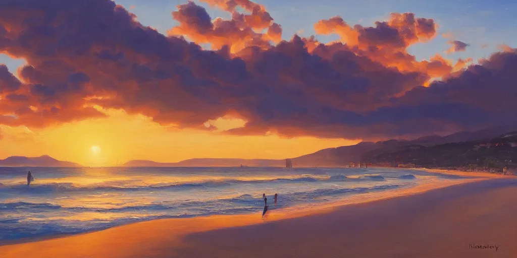 Prompt: Oil on canvas El Balneario in Pedregalejo playa in Málaga , golden hour, by Noah Bradley