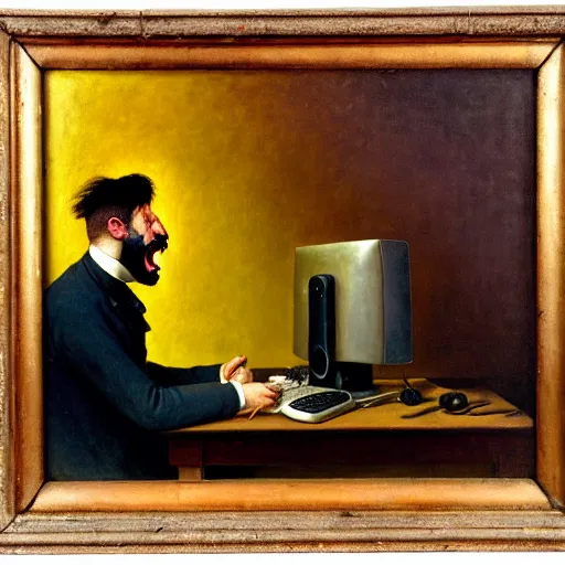 Image similar to an angry man yells at his computer monitor, oil on canvas, 1 9 0 1