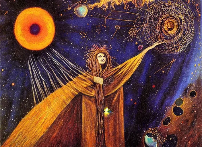 Image similar to a shaman woman holding up the cosmic!! universe, by remedios varo, meteor - shower, reflection, symbolist!, psychedelic colors, dramatic!! lighting, smooth, sharp focus, extremely detailed, aesthetically pleasing composition