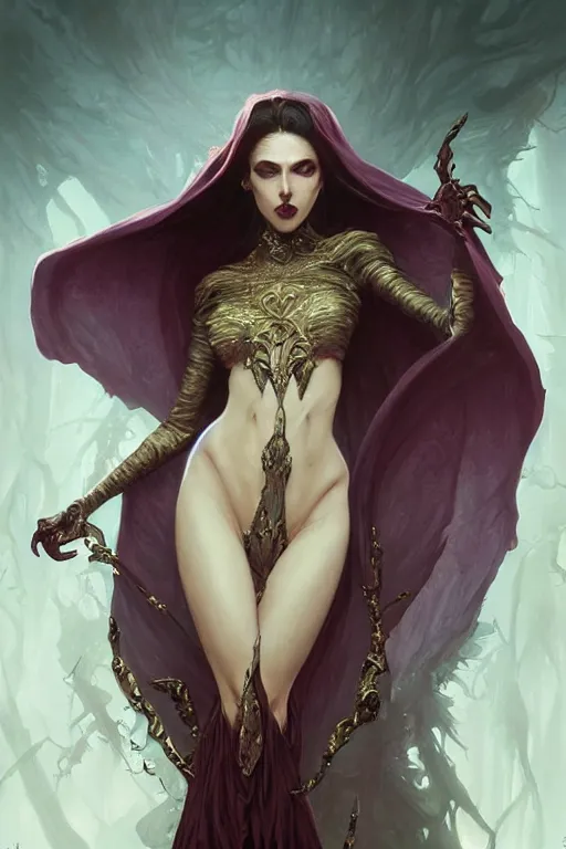 Image similar to Beautiful vampire queen, clothing made of souls, levitating, Full body shot, D&D, fantasy, intricate, elegant, highly detailed, digital painting, artstation, concept art, matte, sharp focus, illustration, hearthstone, art by Artgerm and Greg Rutkowski and Alphonse Mucha