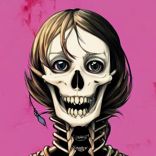 Image similar to anime manga skull portrait young woman skeleton, cuphead, painterly, logo, graffiti, elegant, highly detailed, digital art, art by jc leyendecker and sachin teng