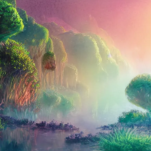 Image similar to beautiful detailed watercolor of a lush natural scene on a colourful alien planet by vincent bons. ultra sharp high quality digital render. detailed. beautiful landscape. weird vegetation. water. soft colour scheme. grainy.