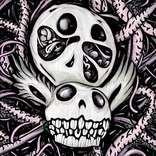Prompt: the twisted mangled body of a sad blow fish, feathers, skeleton cultists, vines, psychedelic, abstract shapes, vibrant