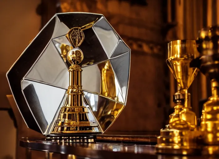 Image similar to a reflective geometric polyhedral steel engineering trophy at a high end bar in a medieval themed castle in golden afternoon light, professional food photography