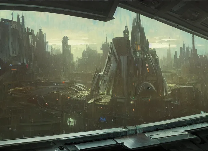 Image similar to view through window, giant spaceship, city is pure wasteland, rain, dusk, low saturation, glowing lights, alphonse mucha, greg rutkowski, trending on artstation, artgerm, breathtaking, sharp focus, smooth, mark arian, award winning, highly detailed 4 k art