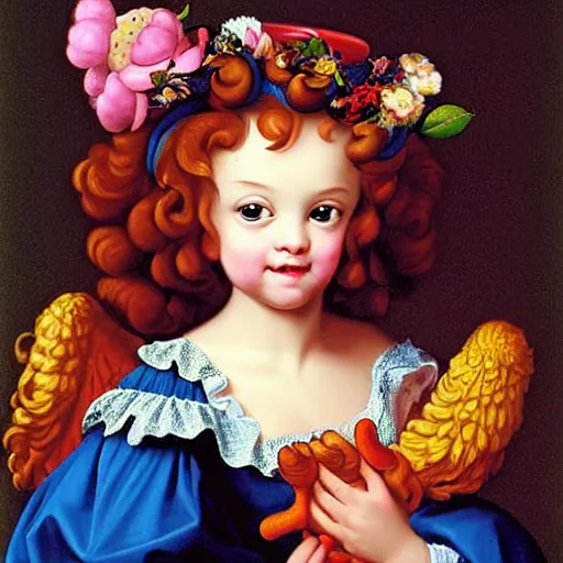 Prompt: baroque Renaissance rococo painting of a cherub portrait Greg Hildebrandt Lisa Frank
