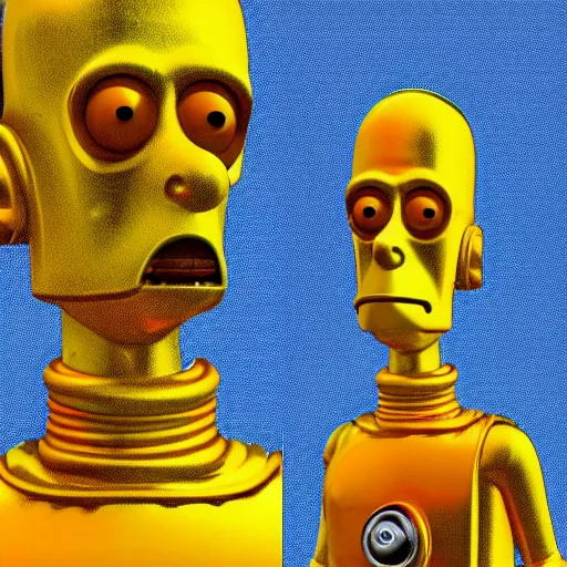 Image similar to full body portrait of Homer Simpson as real C3PO, background blue sky puffy clouds cinematic 4k