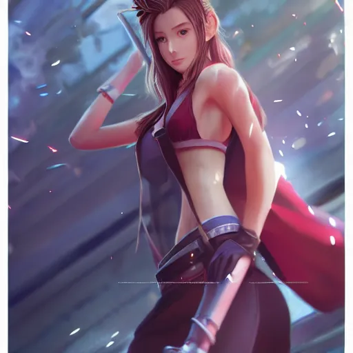 Prompt: head to toe shot of aerith ff7 by wlop, rossdraws, mingchen shen, bangkuart, sakimichan, yan gisuka, jeongseok lee, artstation, 4k